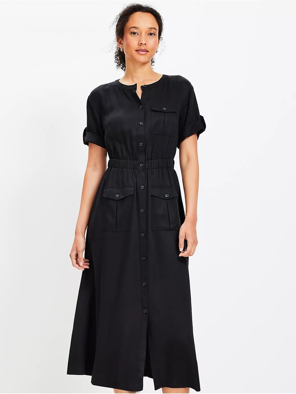 Loft Black Utility Midi Pocketed Dress